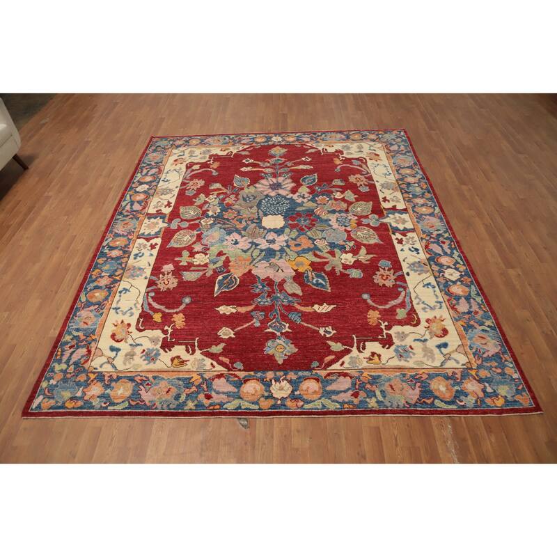 Hand Knotted Oriental 100% Wool Carpet Transitional Floral Red Oushak Area Rug - 9' 11'' X 8' 5''