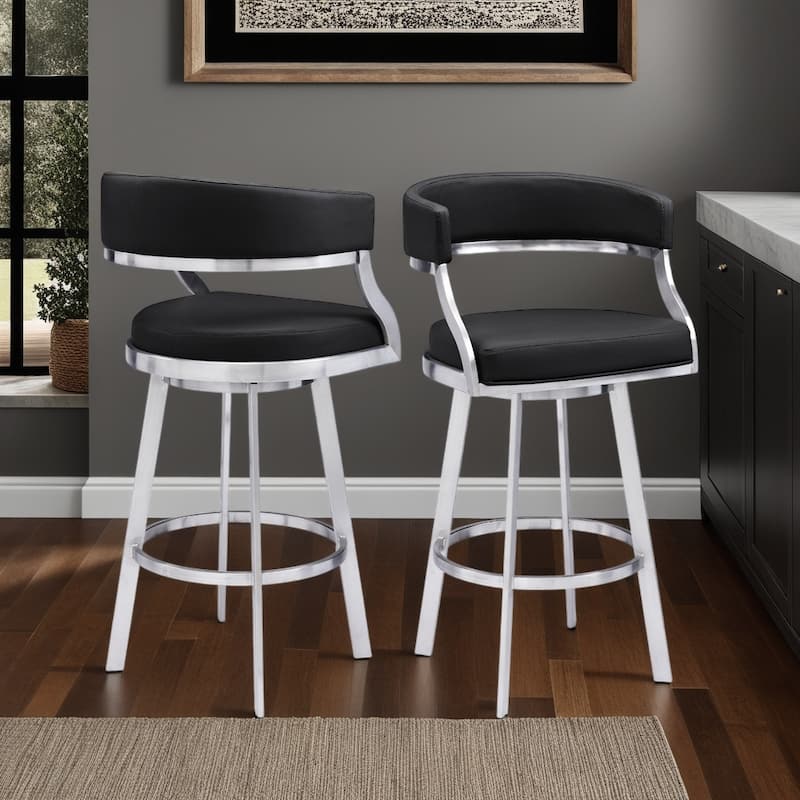 Armen Living Saturn Contemporary Barstool in Brushed Stainless Steel Finish and Black Faux Leather