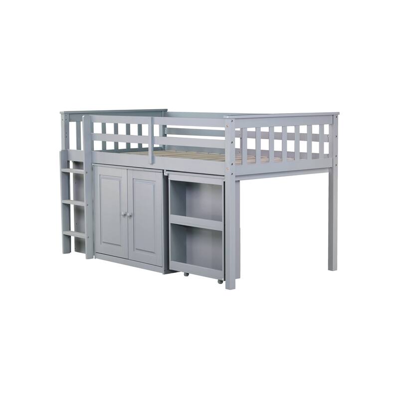 Roomfitters Twin Rubber Wood Loft Bed with Storage Cabinets, Pull-Out Desk, Safety Guardrail and Ladder