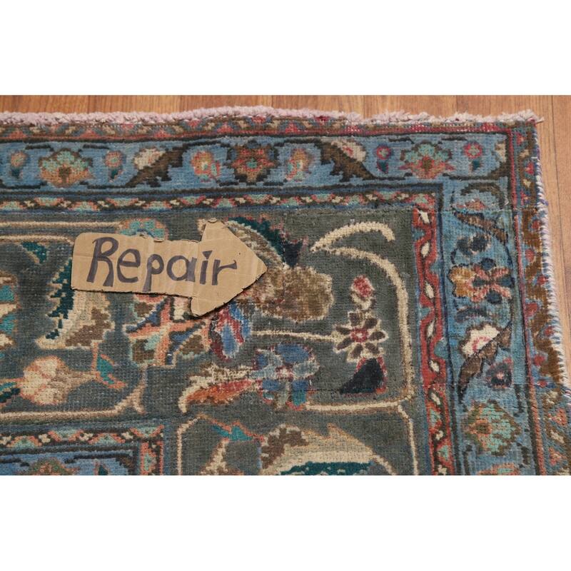 Distressed Blue Floral Tabriz Persian Area Rug Handmade Wool Carpet - 9'1"x 12'4"