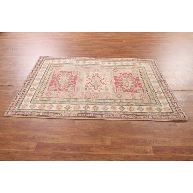 Geometric Kazak Oriental Area Rug Bedroom Hand-Knotted Wool Carpet - 4'0"x 6'0"