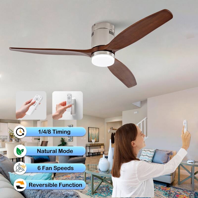 Hot sales 52 Inch Modern Ceiling Fan ,3 Color Dimmable 5 Solide Wood Blades Remote Control Reversible DC Motor With Led Light