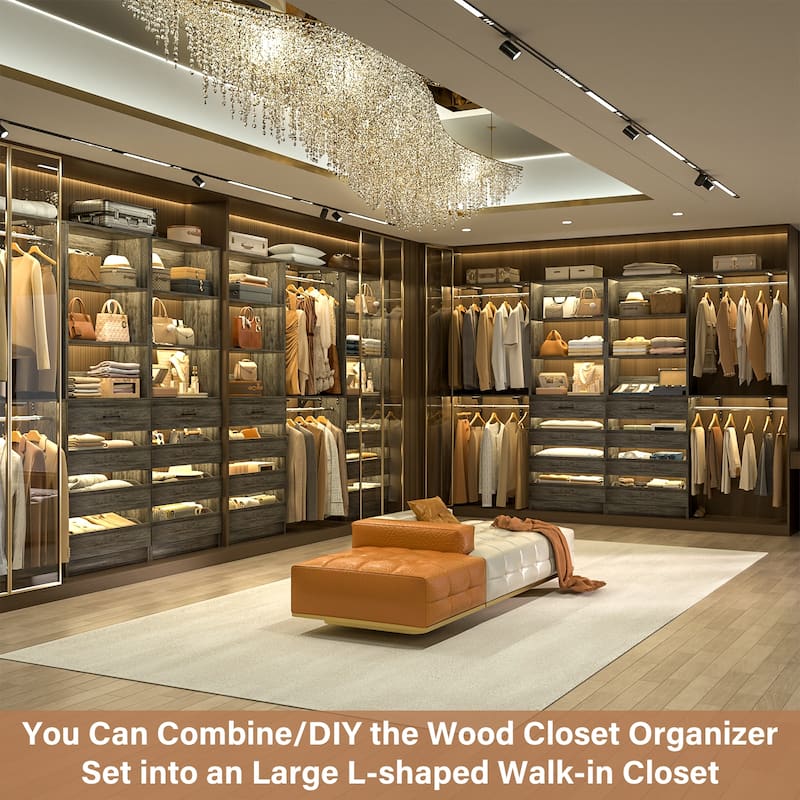 Set of 2 Closet System with Wooden Drawers and Hanging Rods, Closet Organizer with Adjustable Storage Shelves