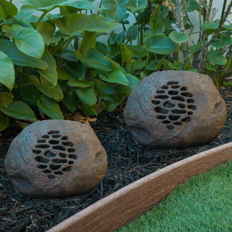 Alpine Corporation Weather-resistant Bluetooth Solar-Powered Outdoor Wireless Rock Speaker - Set of 2