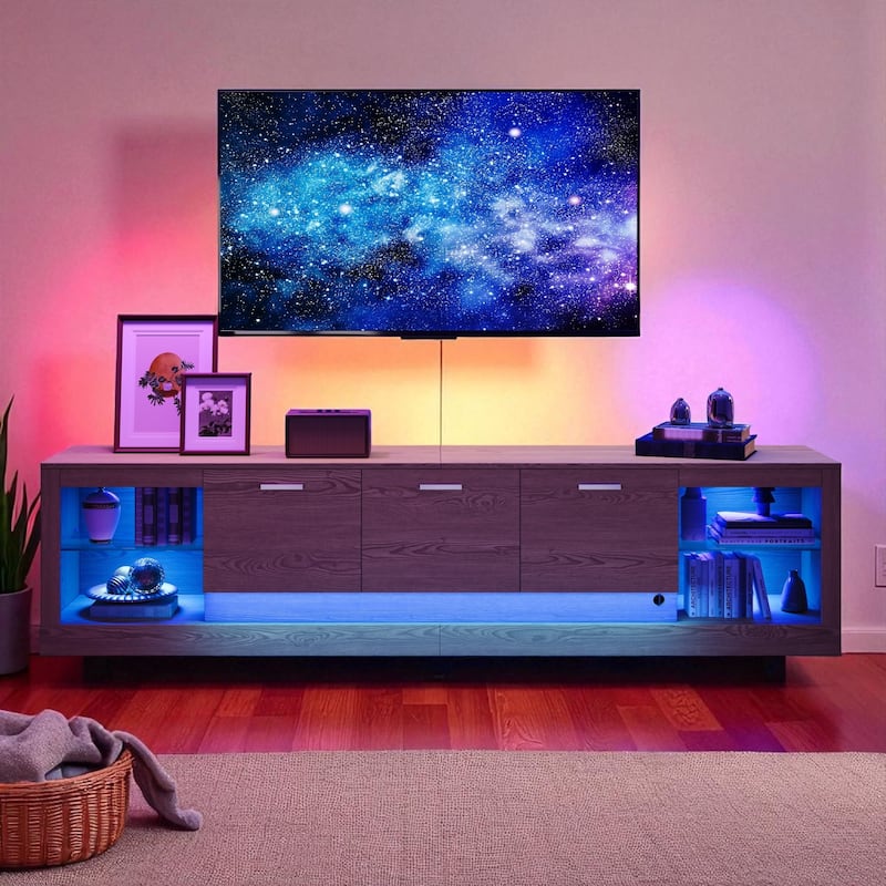 78.7 Inch Modern TV Stand with LED Lights, 6 Cabinets and 2 Open Shelves, Entertainment Center for TVs Up to 90 Inch