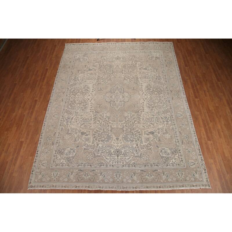 Hand Knotted Oriental 100% Wool Carpet Traditional Floral Beige & Ivories Tabriz Area Rug - 12' 7'' X 10' 0''