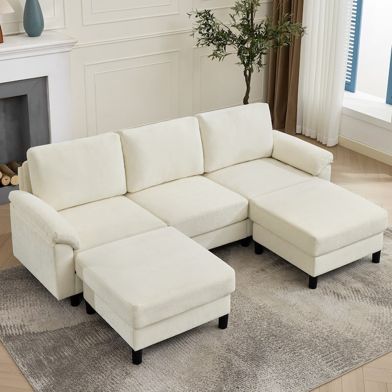 L-Shaped Chenille 3-Seat Modular Sectional Sofa with 2 Ottomans