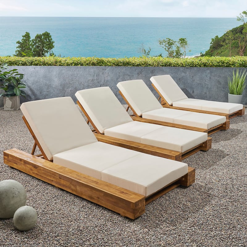 Christopher Knight Home - Broadway Acacia Wood Chaise Lounge with Adjustable Recline and Cushioned Comfort - 4-Piece - Sandblast Teak+Cream/4-Piece