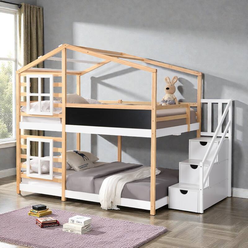 Full over Full / Twin over Twin House Bunk Bed with Roof, Windows, Blackboard, Storage Stairs, Solid Wood Frame