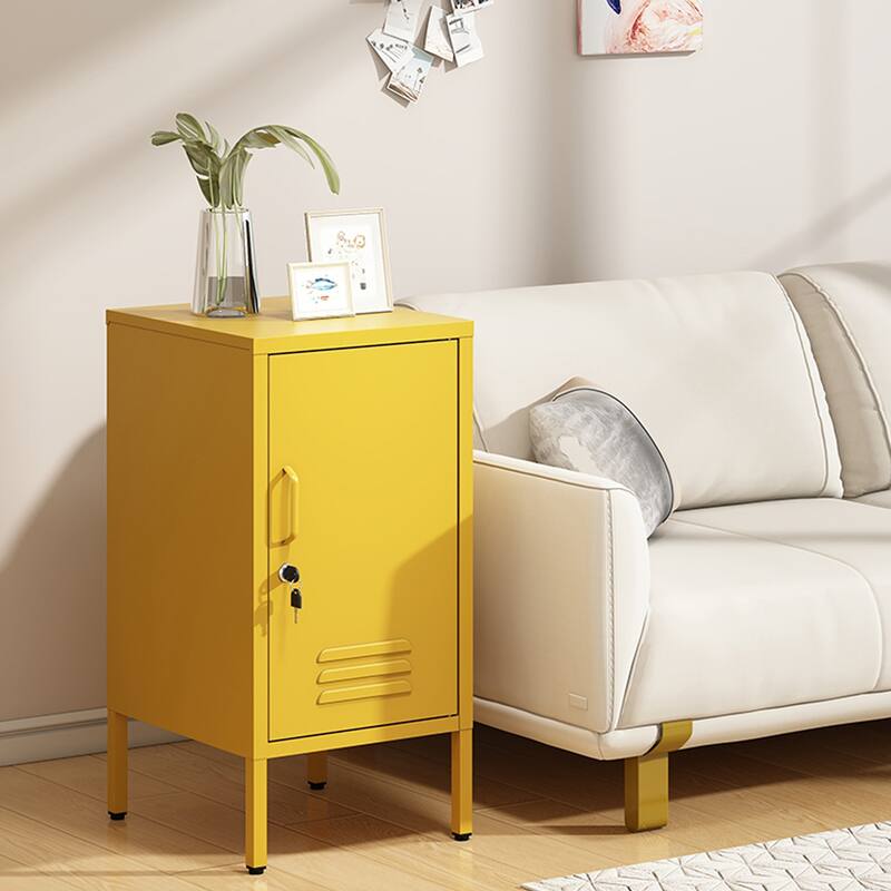 Single Door Lockable Metal End Table,Modern Minimalist Room Side Table with 2 Adjustable Shelf,Multi Storage Cabinet