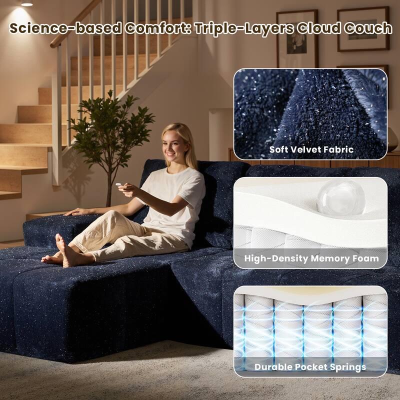 HOOOWOOO Modern Sparkly Velvet Fabric Chaise Sofa Couch with Ottoman