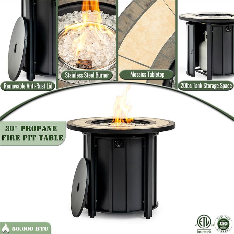 GDFStudio - Modern Outdoor 30" Propane Gas Fire Pit Table with Wood Grain Top & Removable Anti-Rust Lid, Cover Included