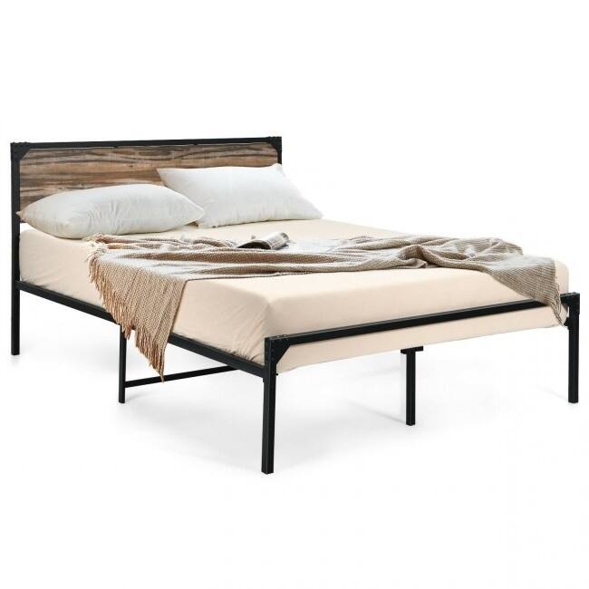 Rustic FarmHome Metal Wood Platform Bed Frame - Queen