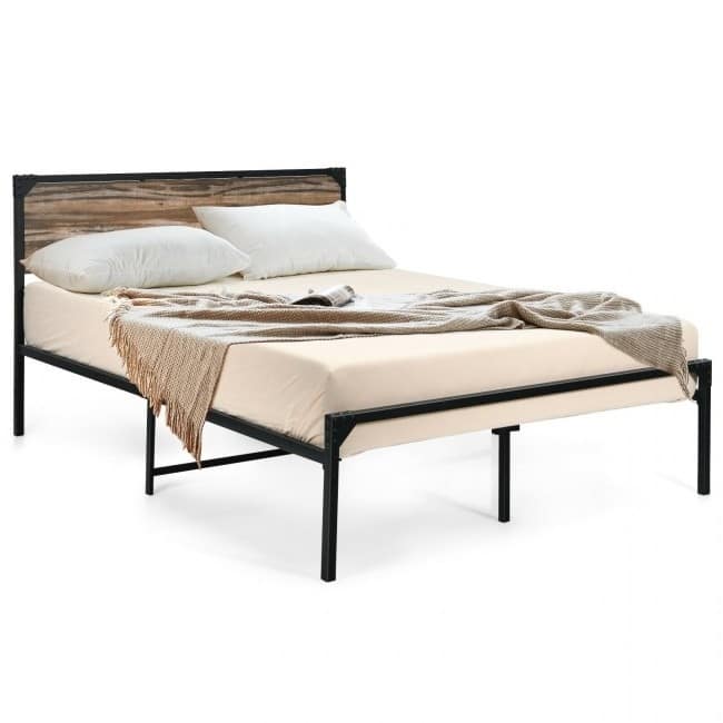 Rustic FarmHome Metal Wood Platform Bed Frame
