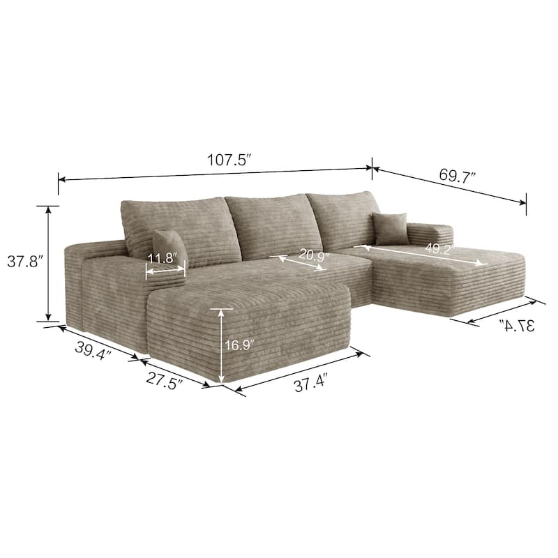 Living Room Corduroy U-shaped Chaise Sectional Sofa with Ottoman, Modern Floor Standing Deep Seat Cloud Upholstered Couch