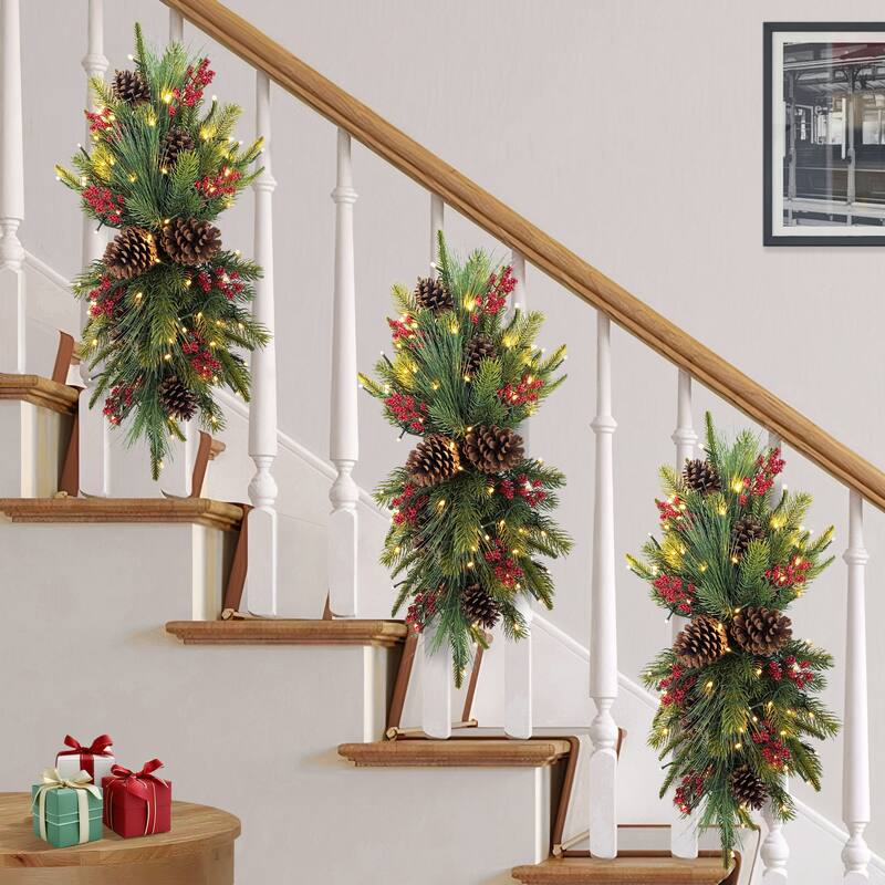 Puleo International 28" Pre-Lit Artificial Adorned Battery-Operated Banister Swag - Red