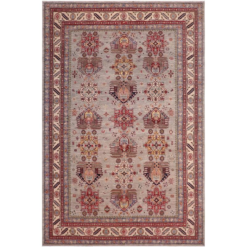 Southwestern Super Kazak Alessia Gray/Beige Hand Knotted Wool Rug - 8'8'' x 12'5''