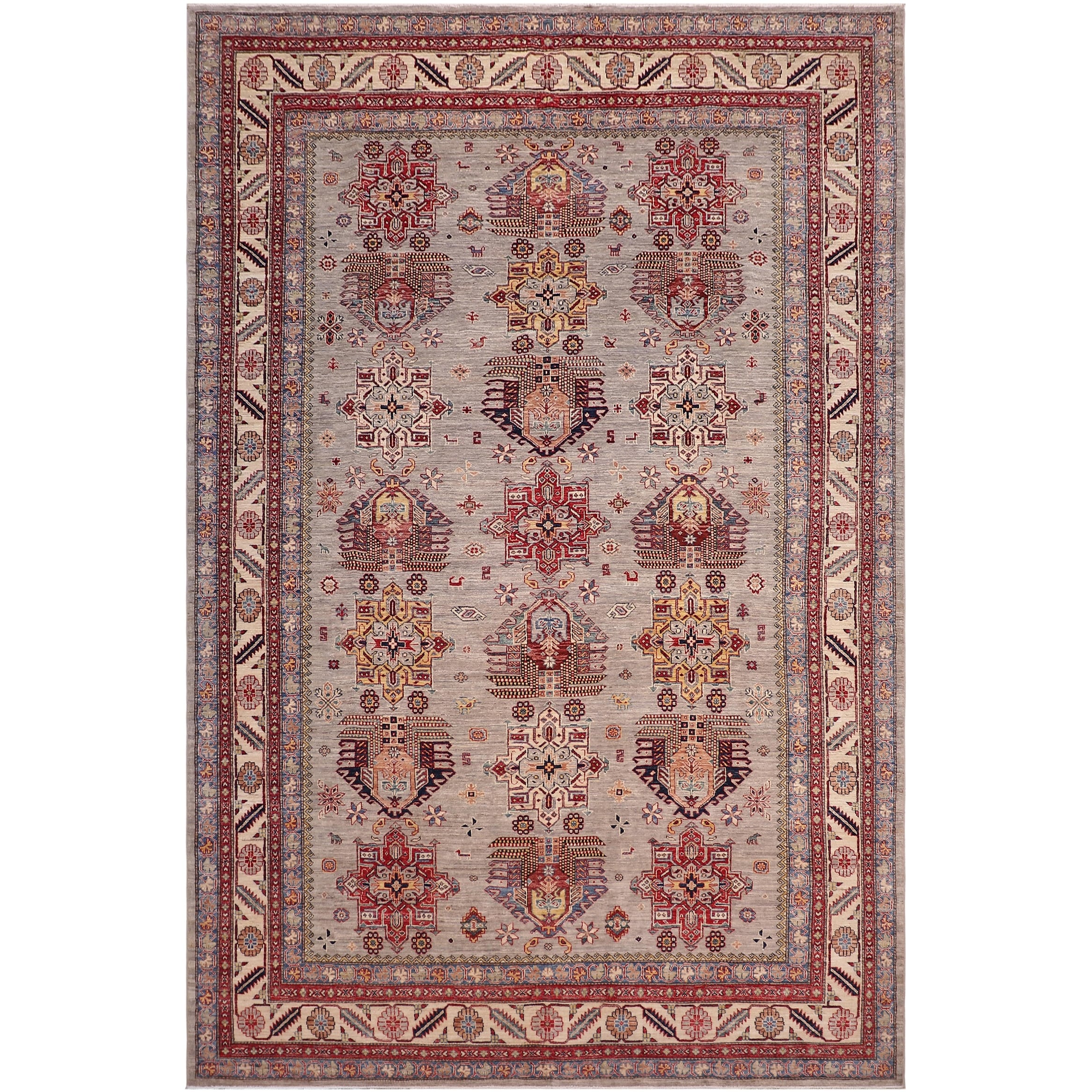 Southwestern Super Kazak Alessia Gray/Beige Hand Knotted Wool Rug - 8'8'' x 12'5''