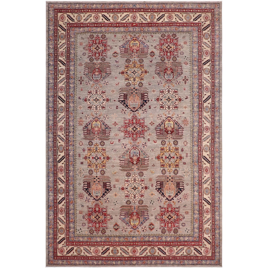 Southwestern Super Kazak Alessia Gray/Beige Hand Knotted Wool Rug - 8'8'' x 12'5''