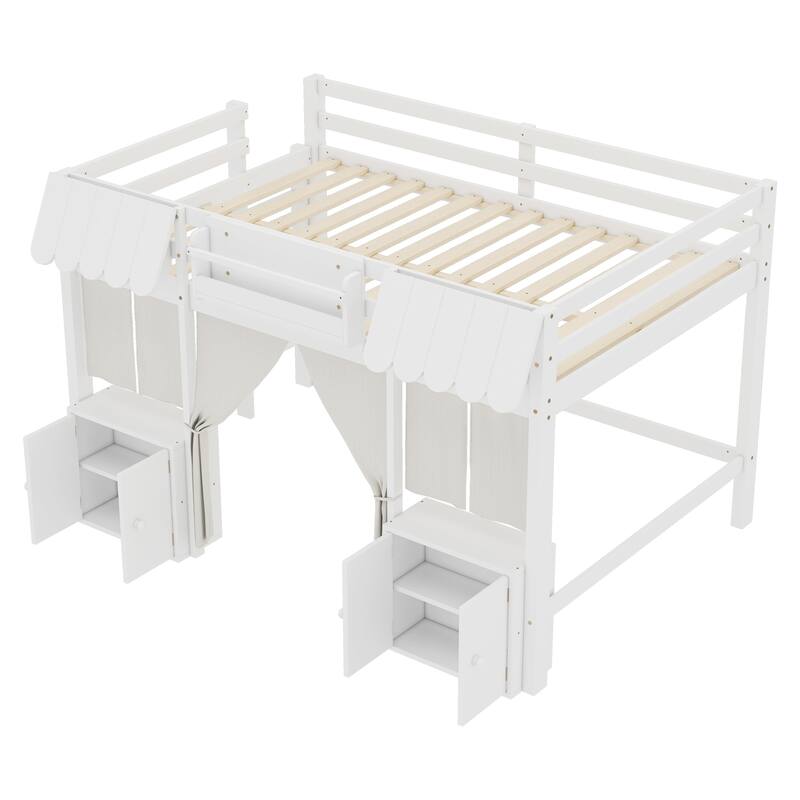 Roomfitters Low Loft Bed with Curtain and Storage, Solid Wood Cottage Frame with Bookshelf