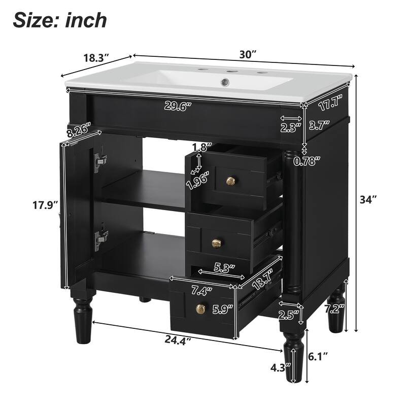 30" Modern Bathroom Vanity - Solid Wood & MDF, 2 Doors & 3 Drawers, Soft-Close, Ceramic Sink, U-Shaped Shelf, Storage Cabinet