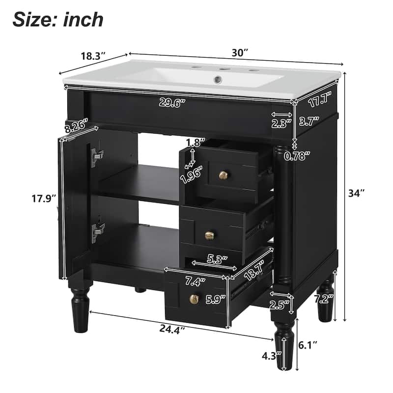 30-Inch Modern Bathroom Vanity with Ceramic Sink, Soft-Close Doors & Drawers, U-Shaped Adjustable Shelf, and Zinc Alloy Handles