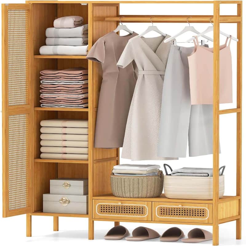 Bamboo Clothing Rack w/ Cabinet Hanging Rod Storage Shelf & Drawers - Natural