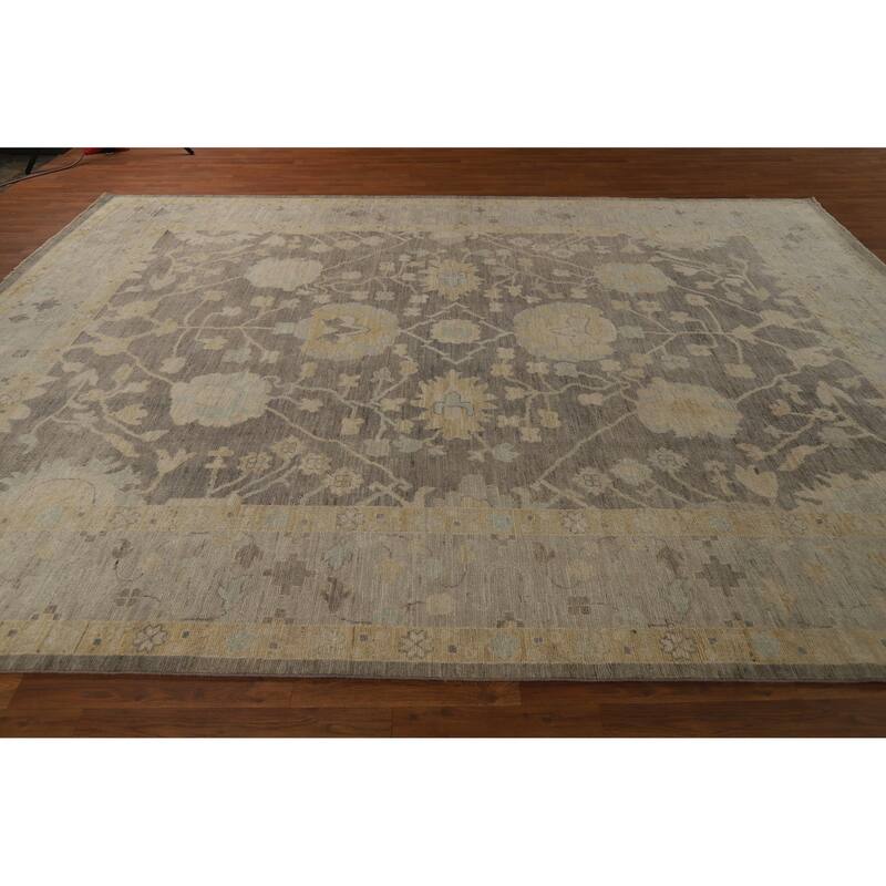 Hand Knotted Oriental 100% Wool Carpet Transitional All-Over Greys & Charcoal Oushak Area Rug - 12' 1'' X 9' 7''