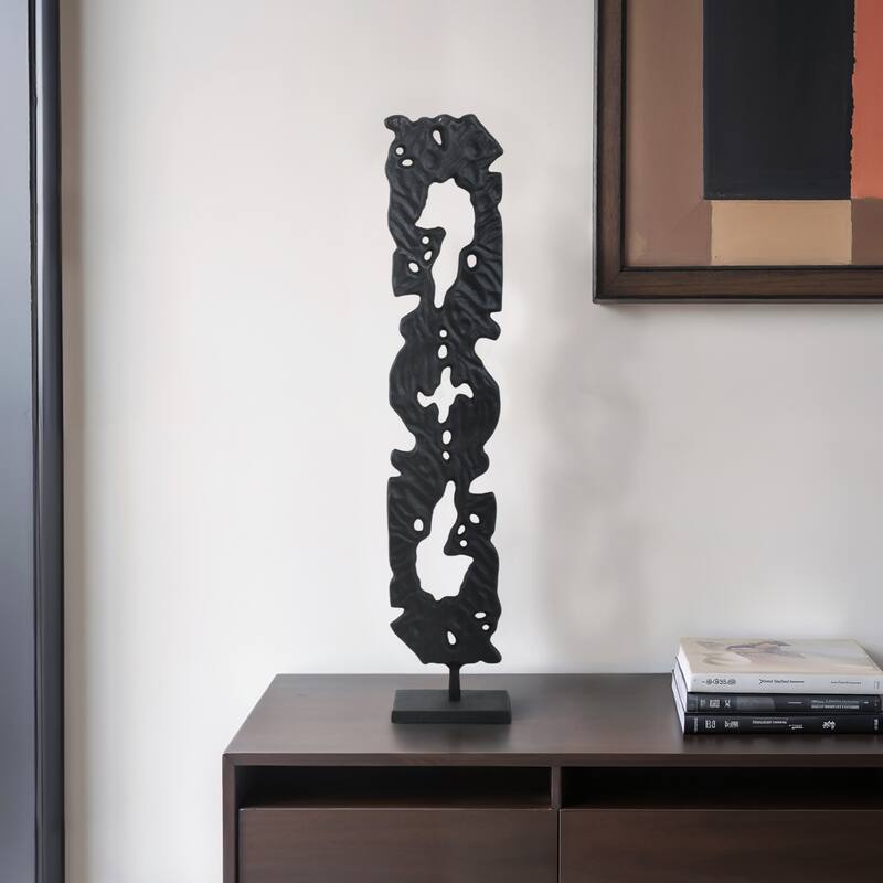 Metal Sculpture with Abstract Cutout Textured Form Modern Art Accent - Black - 7" x 4" x 33"