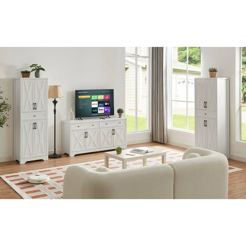 TV Cabinet Set Multifunctional TV Wall, One TV Cabinet and Two Sideboards for Living Room, White, 108.7''L x 15''W x 68''H