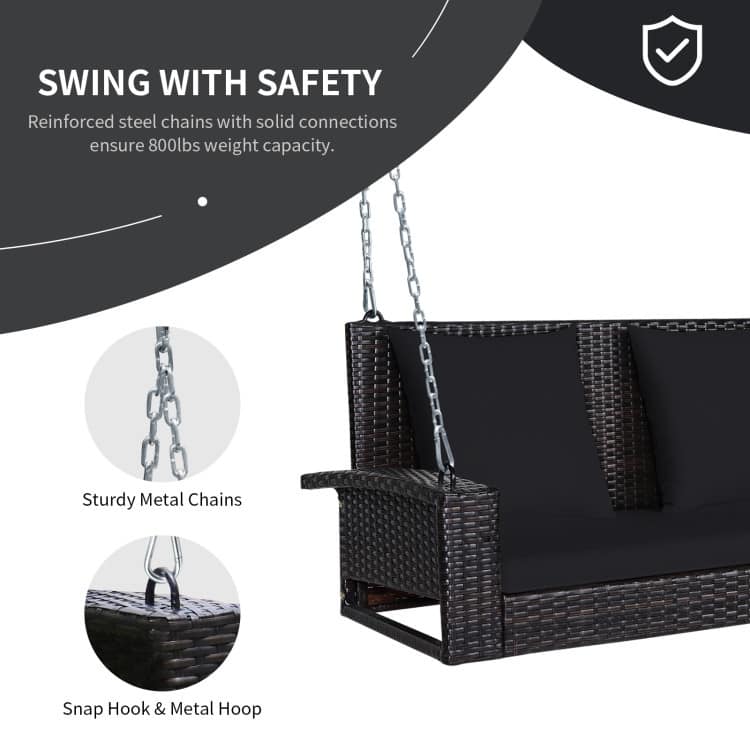 2-Person Wicker Hanging Porch Swing with 2 Back Cushions and 1 Seat Cushion - 50" x 22" x 20.5" (L x W x H)