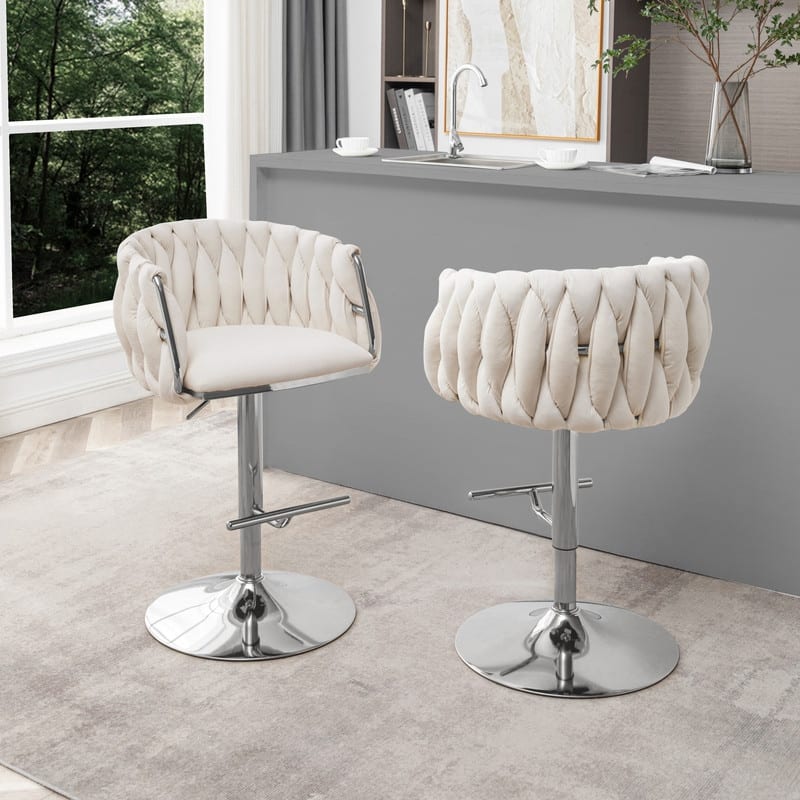 Best Quality Furniture Adjustable Velvet Upholstered Barstool w/ Chrome Finish Base (Set of 2)