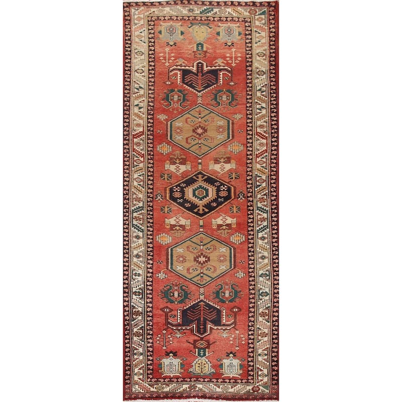 Geometric Red Heriz Persian Vintage Runner Rug Handmade Wool Carpet - 3'9"x 11'1"