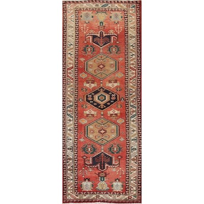 Geometric Red Heriz Persian Vintage Runner Rug Handmade Wool Carpet - 3'9"x 11'1"