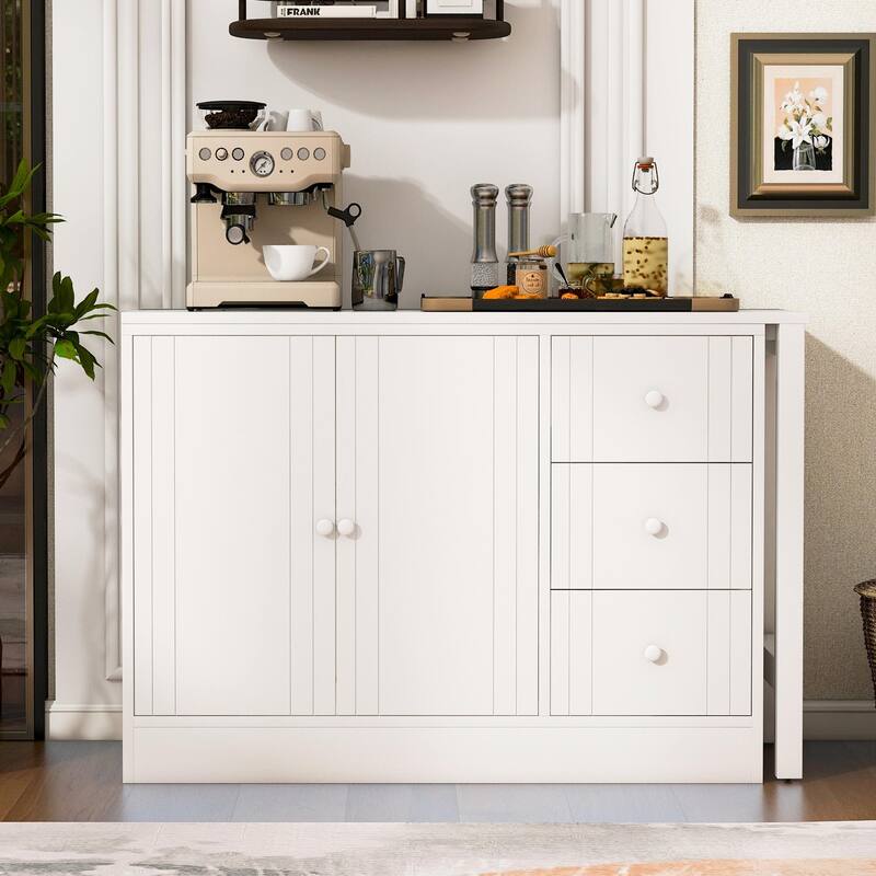 89.7'' Wooden Sideboard with Extendable Table - Multifunctional Storage Cabinet with 2 Doors and 3 Drawers - White