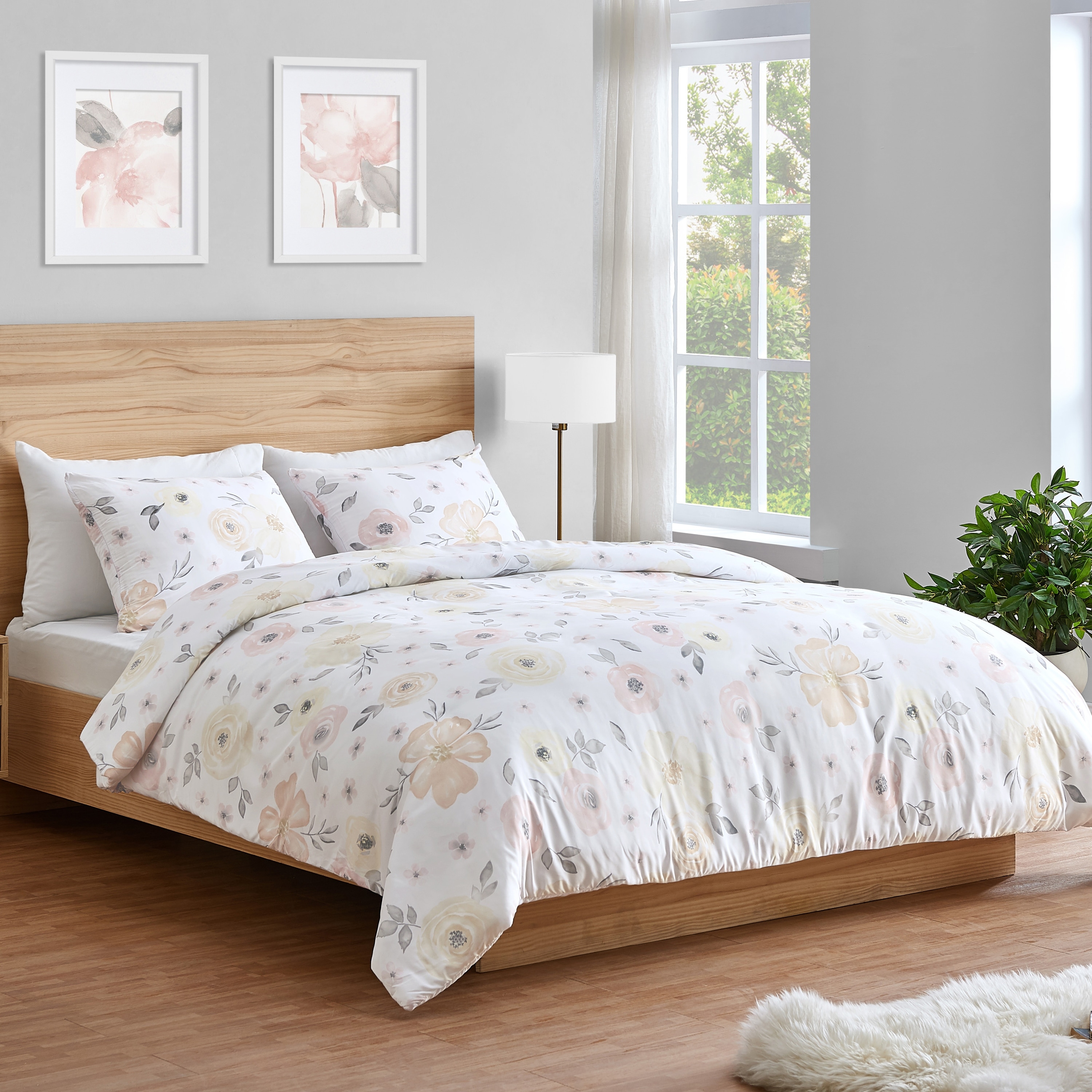 Sweet Jojo Designs Yellow and Pink Watercolor Floral Girl Twin Bedding Comforter Set Kids Childrens Size - 4 Pieces - Blush Peac