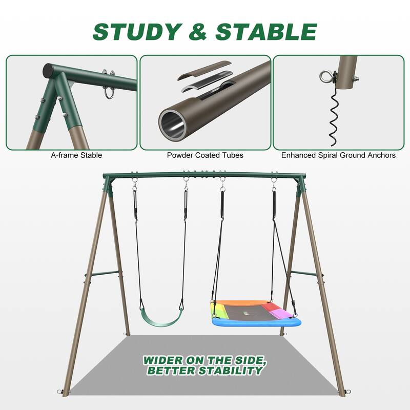 440lbs Metal Swing Sets for Backyard with 45" Platform Swing and Belt Swing ,Swingset Outdoor for Kids