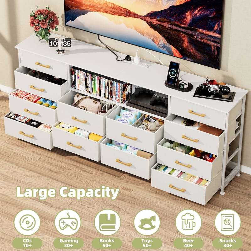 White Dresser for Bedroom with Power Outlets And LED Lights, TV Pedestals, Large Size TV Stand with 12 Drawers