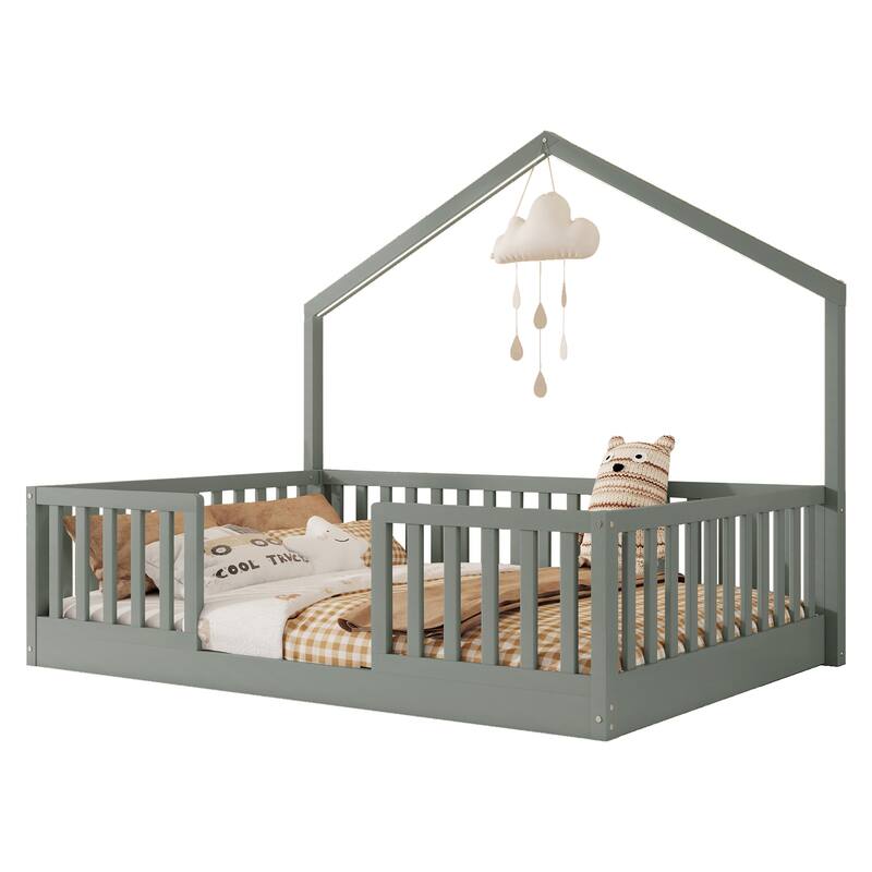 Roomfitters Twin/Full Floor Platform Bed, House Frame and LED Light with Wooden High Rails for Bedrooms or Guest Rooms