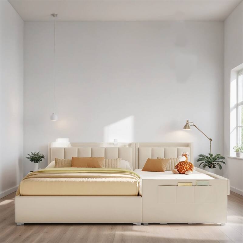 Queen Size Leather Upholstered Platform Bed with Drawer and Sockets