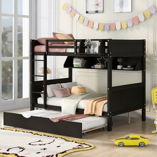 Full Over Full Bunk Bed with Twin Trundle and Bookshelf, Solid Pine Wood Frame, Separable Design, for Kids and Teens