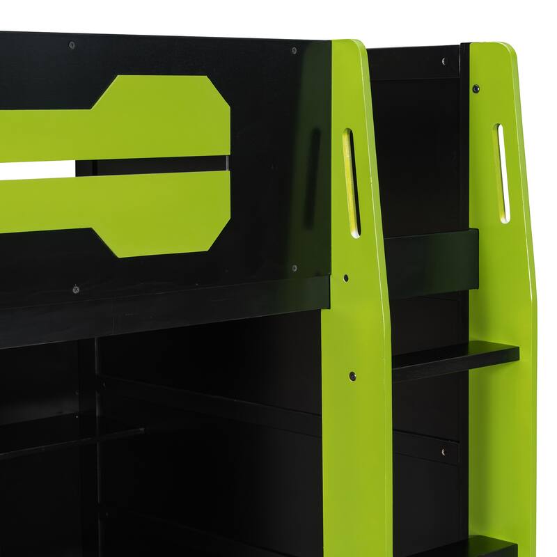 Esports Twin Loft Bed with Desk, Multi-storage Shelves and Light Strip