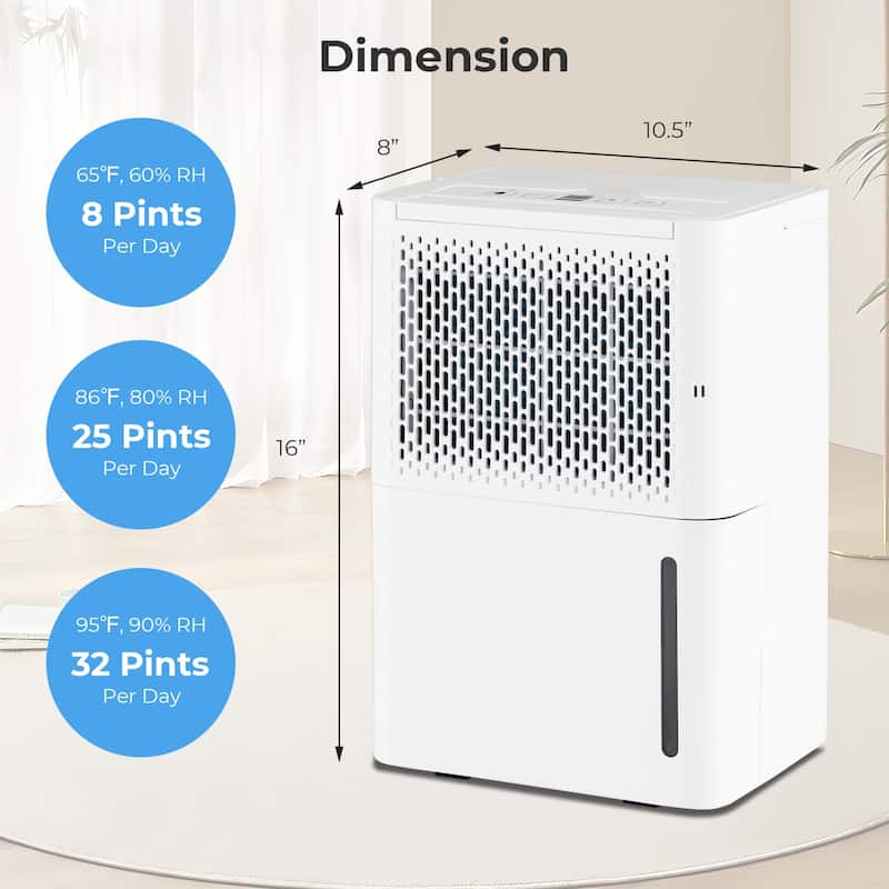 White ABS Dehumidifier 32 Pints with 3 Modes, Timer and Drain Hose - 10.5" x 8" x 16" (L x W x H)