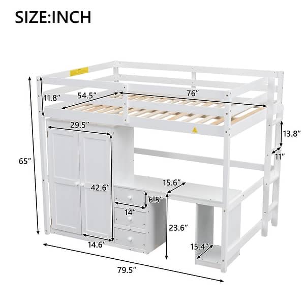 dimension image slide 0 of 2, Full Size Loft Bed with Wardrobe, Desk, and Storage Drawers, Modern Space-Saving Design, Solid Pine Wood Frame, Grey