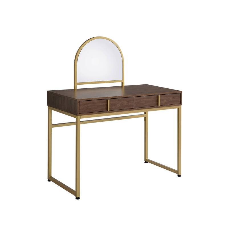 Contemporary Gold Vanity Desk with Mirror and 2 Drawers Walnut Solid Wood 50” Tall Makeup Table - 50”H x 42”W x 19”D