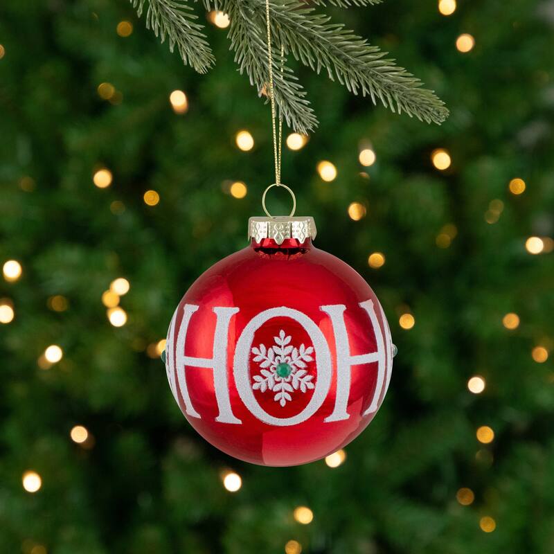 Set of 4 Red Ho Ho Ho Glass Ball Christmas Ornaments 3.25-Inch (80mm)