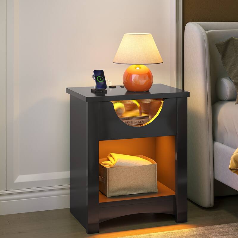 Bestier Nightstands Set of 2 with Charging Station, Modern LED End Table Bedside Table with Drawer for Bedroom & Living Room