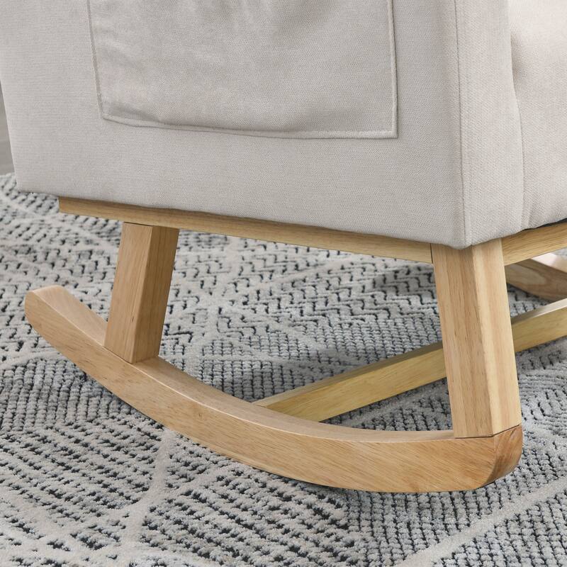 High Back Rocker Accent Chair with Wood Base, One Lumbar Pillow and Two Side Pockets