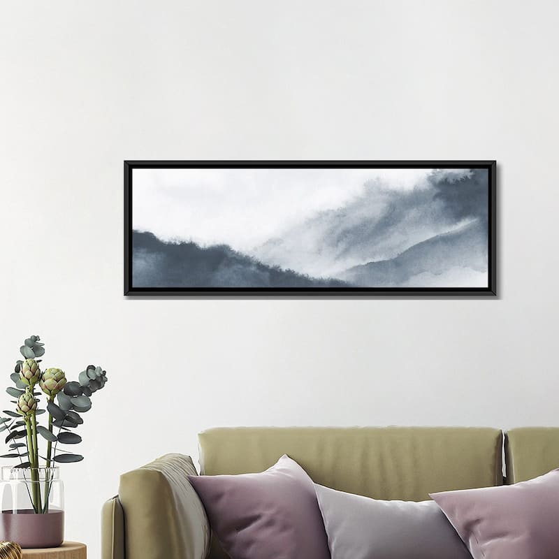 iCanvas "Misty mountains in gray watercolor - Panoramic" by Nouveau Prints Framed Canvas Print