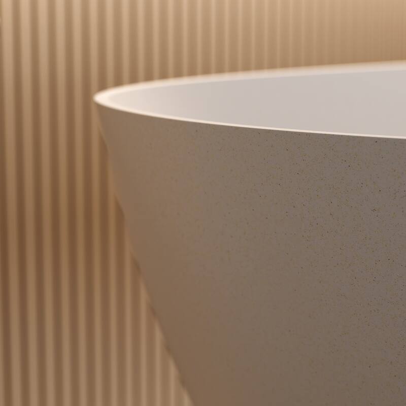 Luxury Solid Surface Freestanding Soaking Bathtub with Center Drain and Pop-up Drain, Modern Beige Tub with Overflow